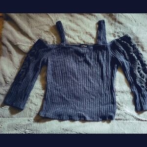 Elegant Off-Shoulder Lace Sleeve Top - Blue